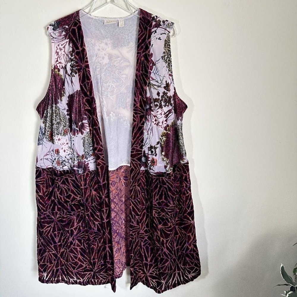 LOGO Lavish Lori Goldstein Velvet Floral Long Robe Duster Cardigan Burgundy 1X